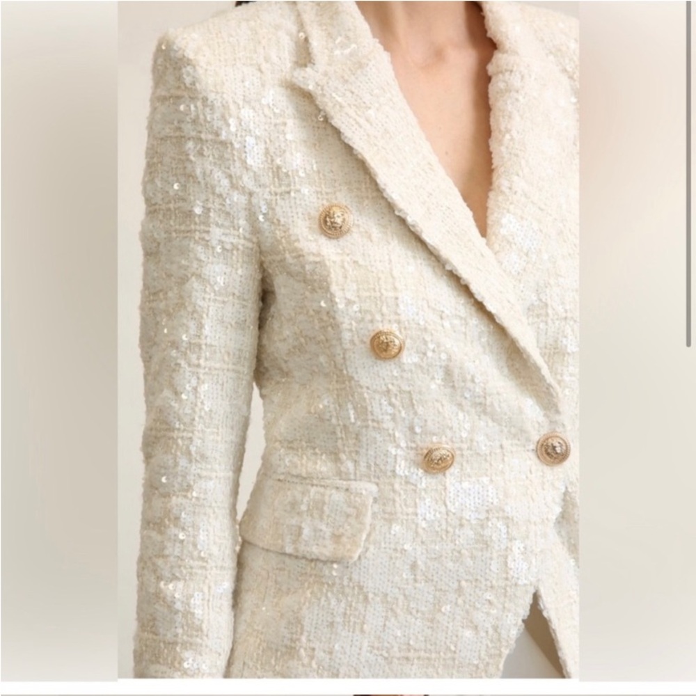 Lizzy Tweed Elegant White/Cream Double-Breasted Blazer with Sequence